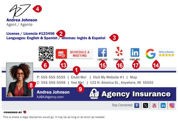 eBusinesscard sample with enhancement options numbered and highlighted