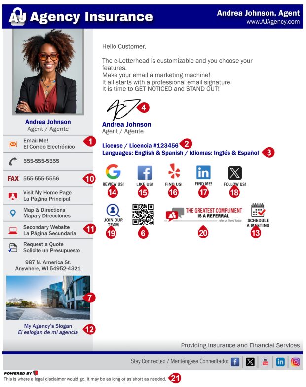 eLetterhead sample with enhancement options numbered and highlighted