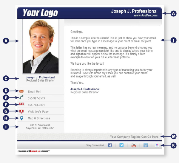 Full eLetterhead sample showing banner, photo, name, contact links, and social bar